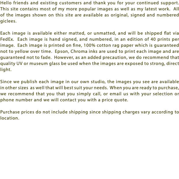 Hello friends and existing customers and thank you for your continued support. This site contains most of my more popular images as well as my latest work. All of the images shown on this site are available as original, signed and numbered giclees. Each image is available either matted, or unmatted, and will be shipped flat via FedEx. Each image is hand signed, and numbered, in an edition of 40 prints per image. Each image is printed on fine, 100% cotton rag paper which is guaranteed not to yellow over time. Epson, Chroma inks are used to print each image and are guaranteed not to fade. However, as an added precaution, we do recommend that quality UV or museum glass be used when the images are exposed to strong, direct light. Since we publish each image in our own studio, the images you see are available in other sizes as well that will best suit your needs. When you are ready to purchase, we recommend that you that you simply call, or email us with your selection or phone number and we will contact you with a price quote. Purchase prices do not include shipping since shipping charges vary according to location. 