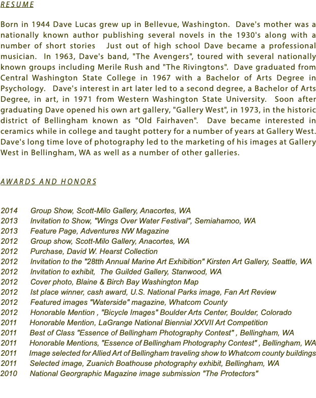 RESUME Born in 1944 Dave Lucas grew up in Bellevue, Washington. Dave's mother was a nationally known author publishing several novels in the 1930's along with a number of short stories Just out of high school Dave became a professional musician. In 1963, Dave's band, "The Avengers", toured with several nationally known groups including Merile Rush and "The Rivingtons". Dave graduated from Central Washington State College in 1967 with a Bachelor of Arts Degree in Psychology. Dave's interest in art later led to a second degree, a Bachelor of Arts Degree, in art, in 1971 from Western Washington State University. Soon after graduating Dave opened his own art gallery, "Gallery West", in 1973, in the historic district of Bellingham known as "Old Fairhaven". Dave became interested in ceramics while in college and taught pottery for a number of years at Gallery West. Dave's long time love of photography led to the marketing of his images at Gallery West in Bellingham, WA as well as a number of other galleries. AWARDS AND HONORS 2014 Group Show, Scott-Milo Gallery, Anacortes, WA
2013 Invitation to Show, "Wings Over Water Festival", Semiahamoo, WA
2013 Feature Page, Adventures NW Magazine
2012 Group show, Scott-Milo Gallery, Anacortes, WA
2012 Purchase, David W. Hearst Collection
2012 Invitation to the "28tth Annual Marine Art Exhibition" Kirsten Art Gallery, Seattle, WA
2012 Invitation to exhibit, The Guilded Gallery, Stanwood, WA
2012 Cover photo, Blaine & Birch Bay Washington Map
2012 Ist place winner, cash award, U.S. National Parks image, Fan Art Review
2012 Featured images "Waterside" magazine, Whatcom County
2012 Honorable Mention , "Bicycle Images" Boulder Arts Center, Boulder, Colorado
2011 Honorable Mention, LaGrange National Biennial XXVII Art Competition
2011 Best of Class "Essence of Bellingham Photography Contest" , Bellingham, WA
2011 Honorable Mentions, "Essence of Bellingham Photography Contest" , Bellingham, WA
2011 Image selected for Allied Art of Bellingham traveling show to Whatcom county buildings
2011 Selected image, Zuanich Boathouse photography exhibit, Bellingham, WA
2010 National Georgraphic Magazine image submission "The Protectors" 